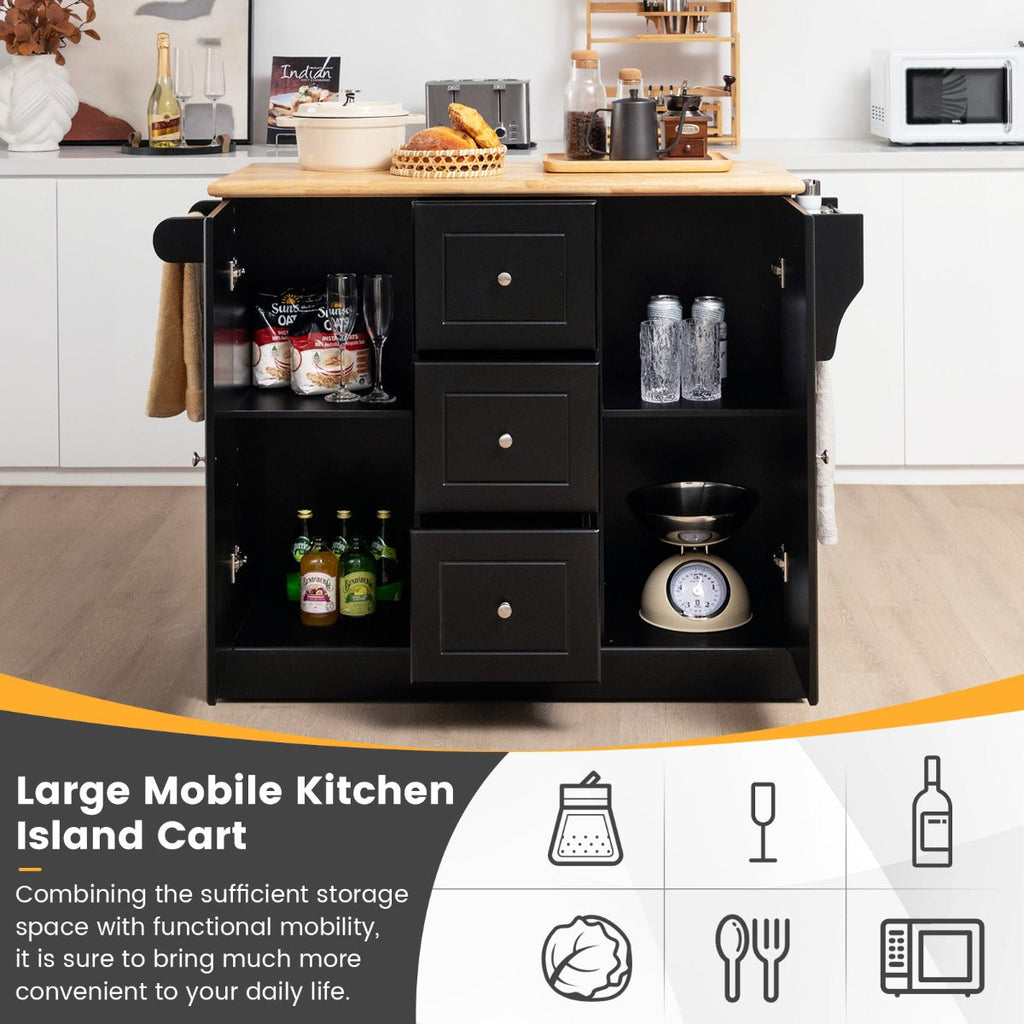 NNECW Large Mobile Kitchen Island Cart with 3 Drawers & 2 Enclosed Cabinets