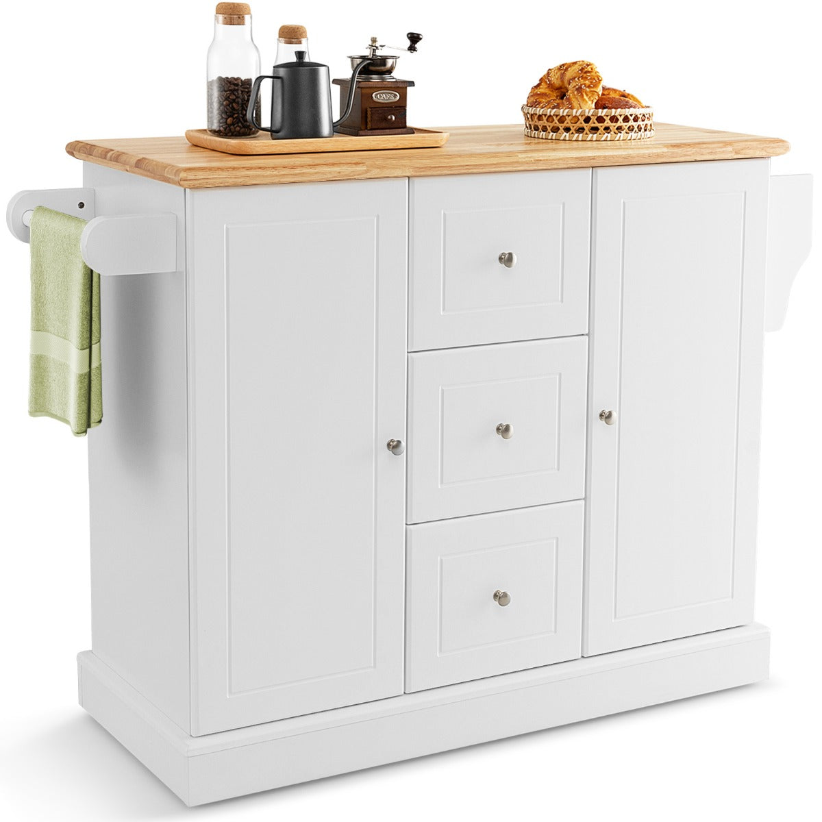NNECW Large Mobile Kitchen Island Cart with Adjustable Shelves for Kitchen/Dinning Room-White