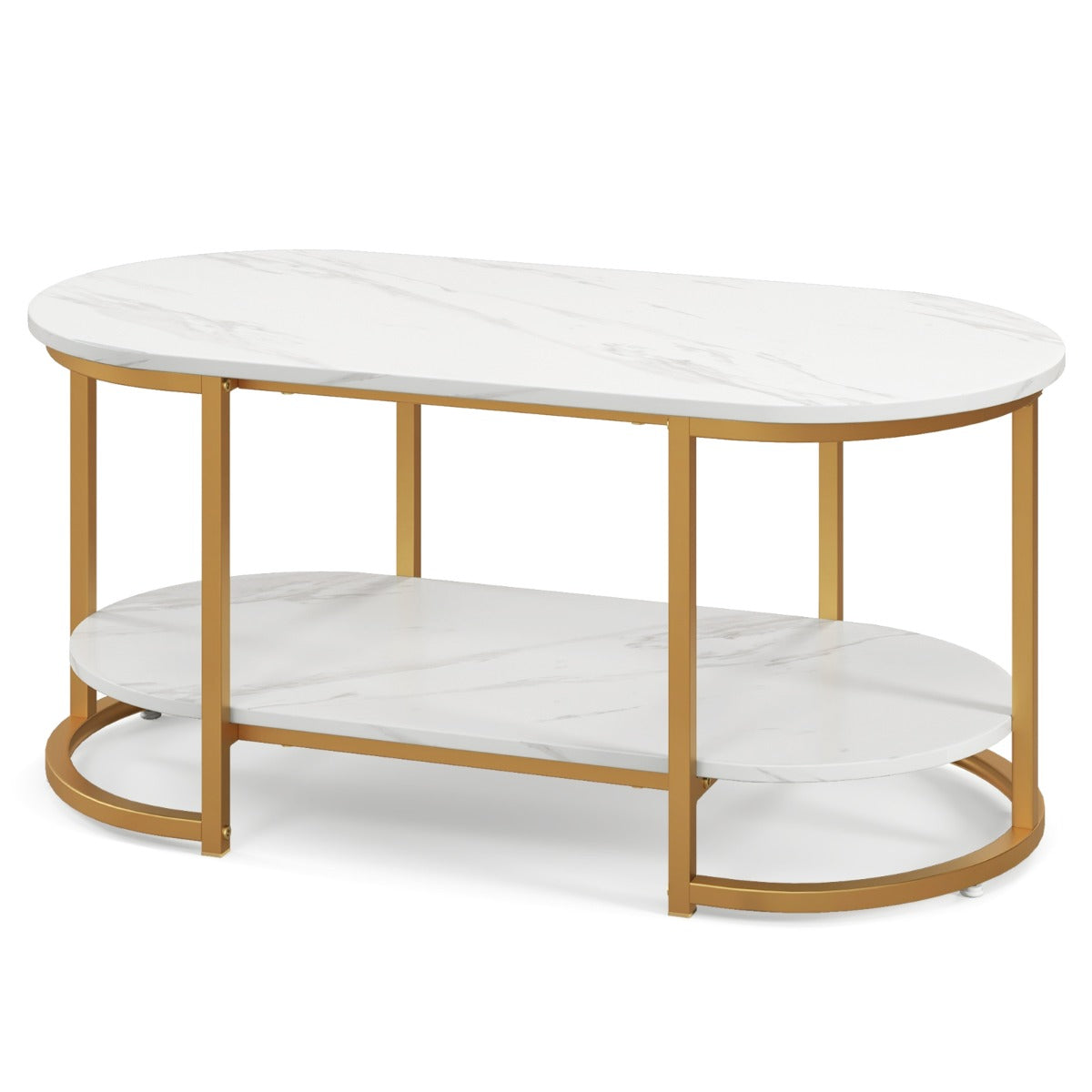 NNECW Modern 2-Tier White Marble Coffee Table with Open Shelf