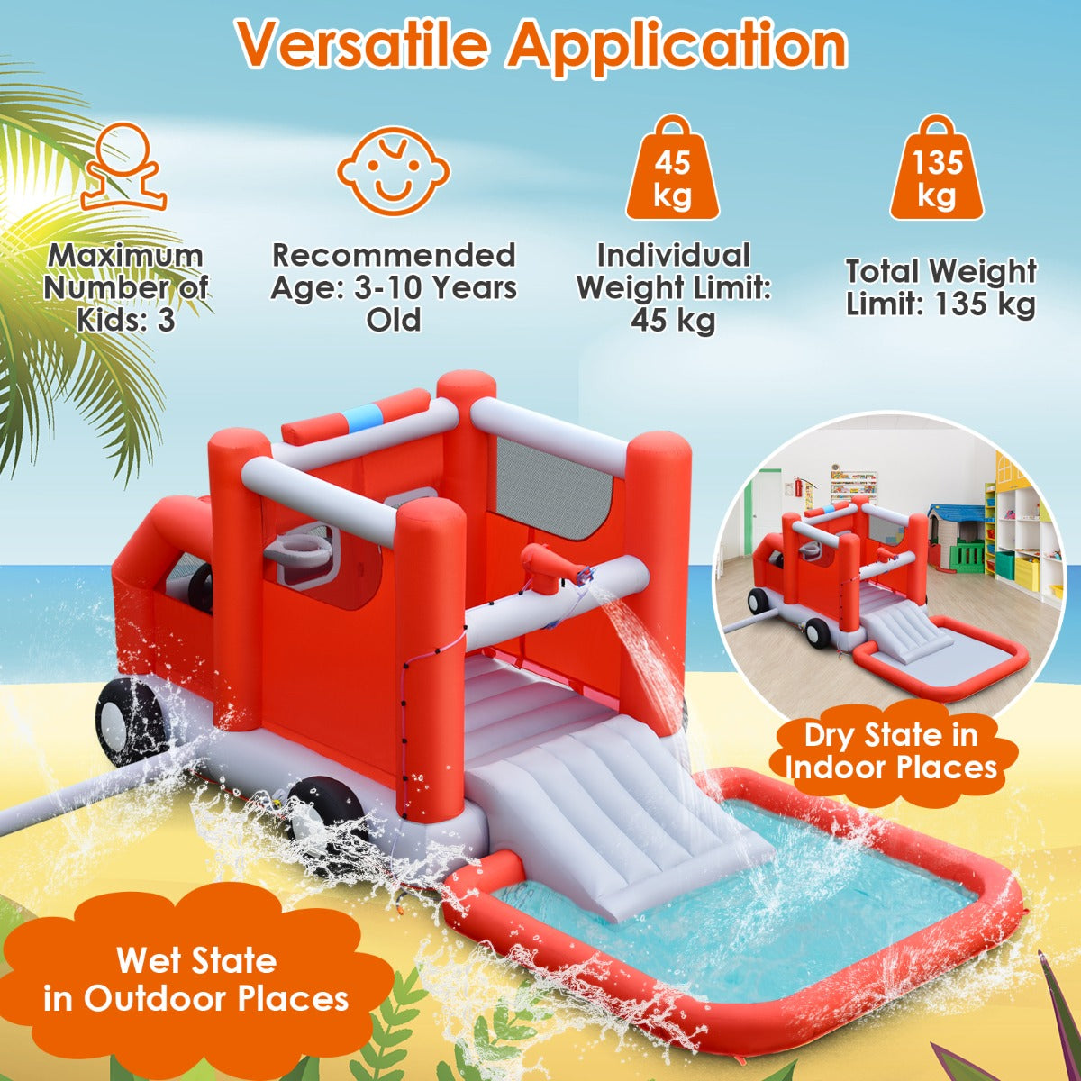 NNECW Firefighting-Themed Kids Water Slide with Splash Pool without Blower-2