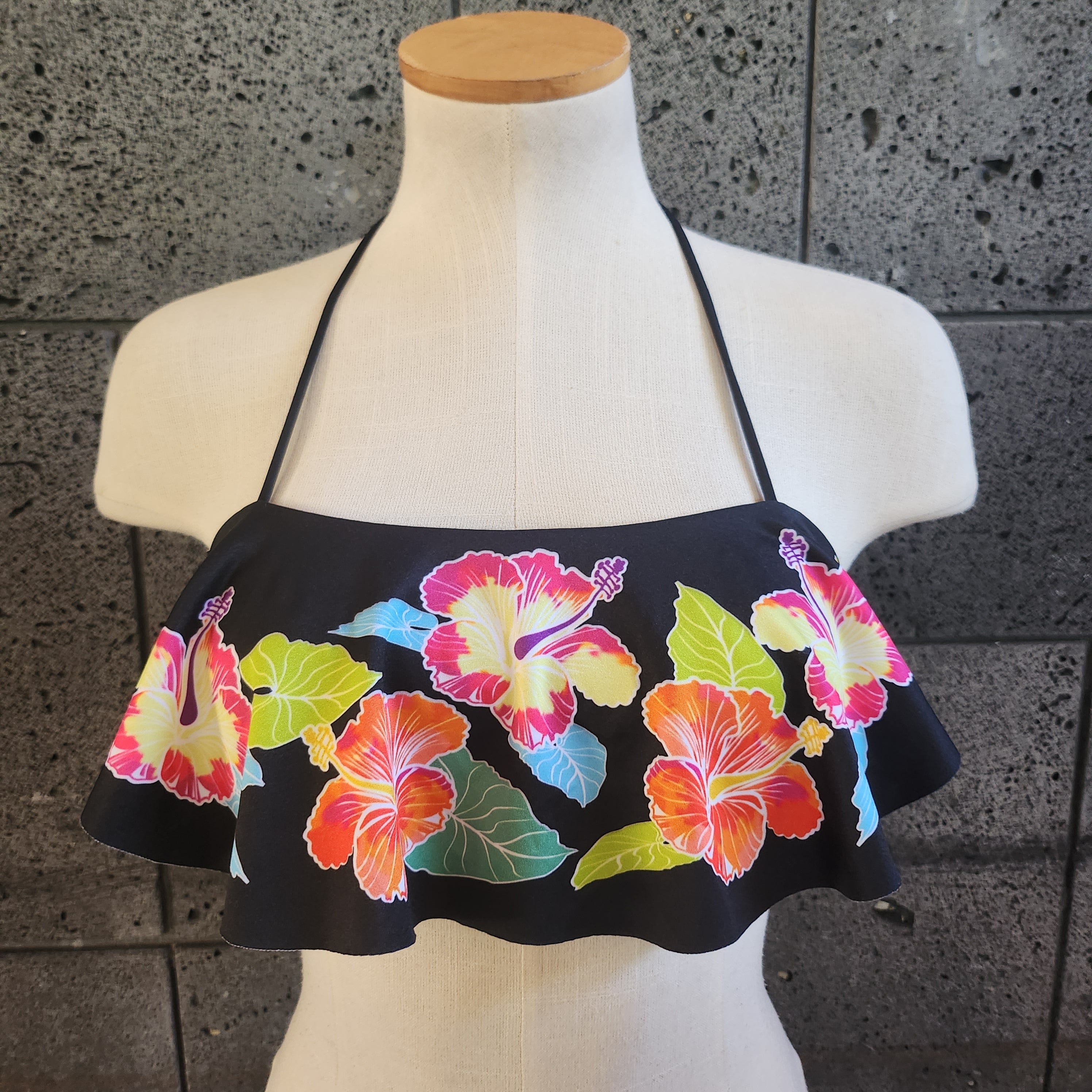 Loco Boutique Multi-Color Hibiscus Long Flounce Bandeau Bikini Top-1